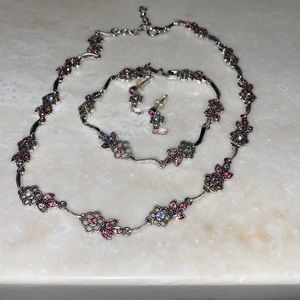Silver toned and pink stone jewelry set